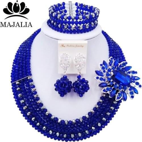 Majalia Royal Blue Crystal Beaded Pretty African Jewelery Set Nigerian Wedding Clothing Jewelery Sets 5ST002