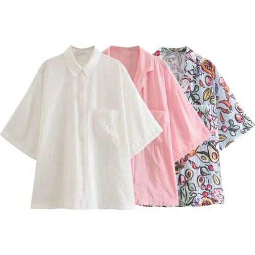 MosiMolly 2021 Summer Notched Collar Blouses Shirt Print Cool Shirt Tops Women Pockets Casual Shirt Tops