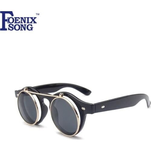 FOENIXSONG Women Sunglasses 2019 Steampunk Oculos Gafas De Sol Men Brand Retro Clamshell Frame Sun Glasses Round Sunglass