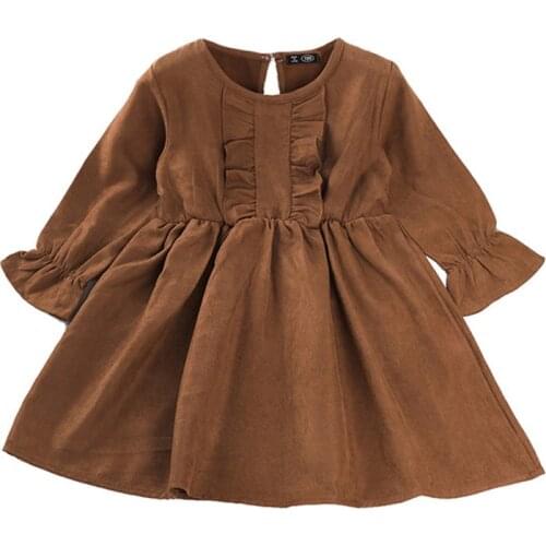 2021Spring New Grils Princess Dress Petals sleeve Corduroy Little Girls Dress Kids Clothes Brown 1 2 3 4 5 6T