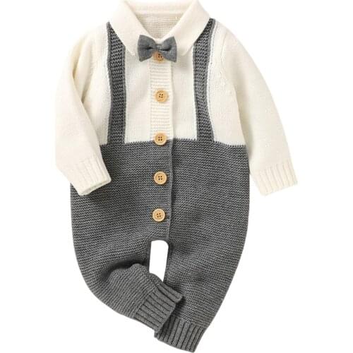 Brand New Baby Boys Casual Winter Knitted Romper Infant Toddler Turn-down Collar Long Sleeve Button-down Jumpsuit Outfits 0-18M