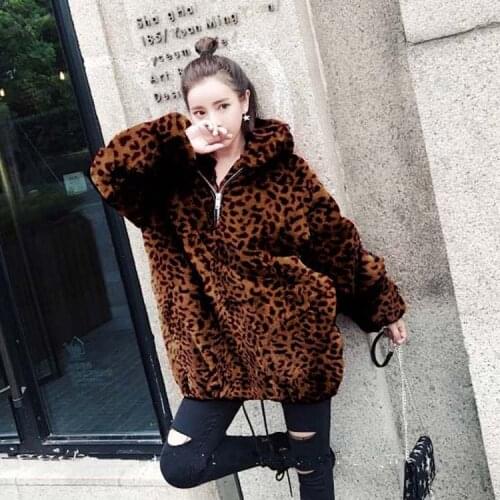 Autumn Winter Faux Fur Coats Women Tops Hooded Half Zipper Loose Pockets Long Sleeve Leopard Casual Outerwear TA7