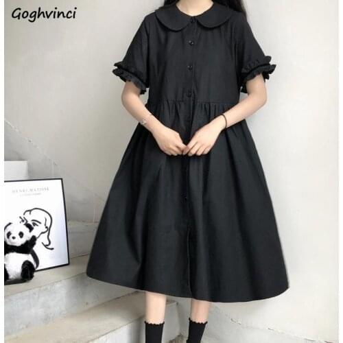Dress Women Kawaii Mid-calf Peter Pan Collar Students Harajuku Solid Buttons Popular Clothing Street New Japanese Style College