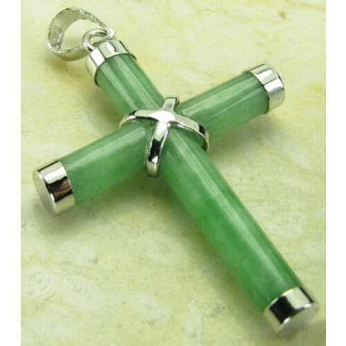Natural Light Green Jade White Gold Plated Cross Pendant with Necklace