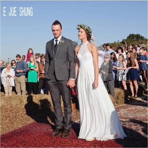 E JUE SHUNG Simple A Line Backless Wedding Dresses Halter Neck Country Bride Gowns Lace Appliques Chiffon Vestido De Noiva