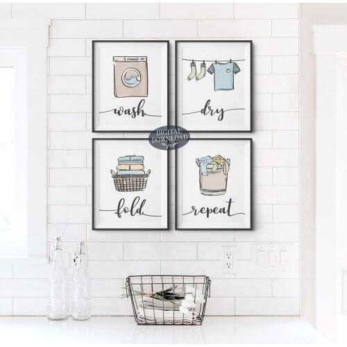 Wash Dry Fold Repeat Laundry Sign Colorful Wall Art Print Canvas Painting Nordic Poster And Print Wall Pictures Utility Room