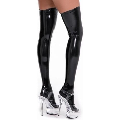 Women Plus Size Wetlook Faux Latex Stockings Hot Sexy Night Club Hosiery Ladies Pole Dance Shiny PU Leather Thigh High Stockings