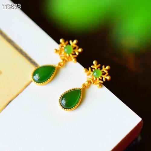Certified Vintage Silver Jade Earrings S925 Sterling Silver Jade Jasper Gold Earrings for Women Jewelry Classic