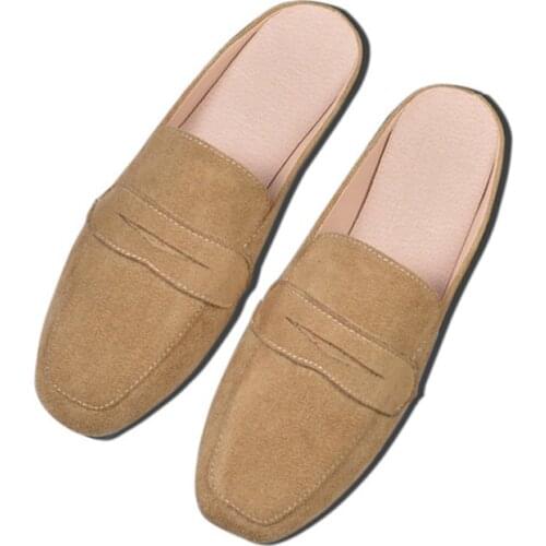 Wholesale Womens Flat Toe-covered Slippers Pure Suede Low Heel Sandals Home Women Mules Shoes Big Size 31-43 Ladies lazy Slides