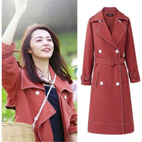 2019 New Spring Autumn Ladies Brick Red LongTrench Coat Fashion Long-sleevedBig Size Korean Popular Womens Coat Hot Sale 628