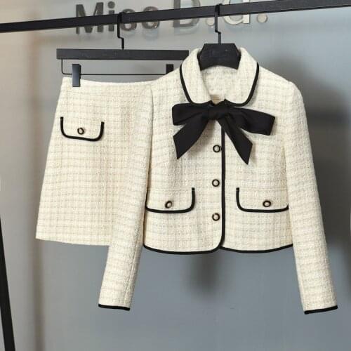 2021FW Autumn Winner New Women Luxury Bow Tweed Jacket Coat With A-Line Skirt Female Chic 2 Piece Suits Sets MS 8.25