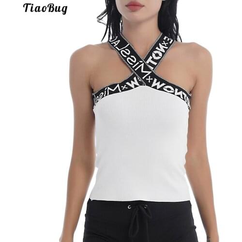 TiaoBug Women Summer Letters Print Halter Neck Criss Cross Straps Sleeveless Slim Fit Stretchy Crochet Vest Top For Gym Yoga