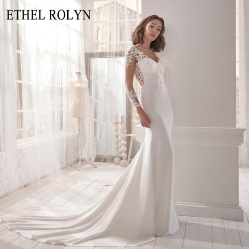 ETHEL ROLYN Sexy V-neck Romantic Mermaid Wedding Dresses Long Sleeve Appliques Soft Satin Wedding Gowns 2021 Vestido De Novia