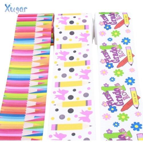 2Yards 3"(75mm)Grosgrain Ribbon Back to School Cute Cartoon Study Pencil Color Tape DIY Hair Accessories Decorations Materials