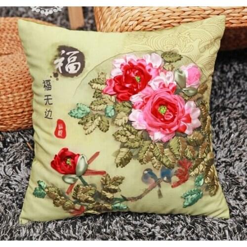 3D family flowers Ribbon embroidery pillow cushion cover Chinese style pillowcase set DIY handmade needlework multi picture kk