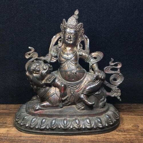 8"Tibet Buddhism Temple Old Bronze Cinnabars Treasure King Buddha Statue Learn more about the king riding a lion Enshrine