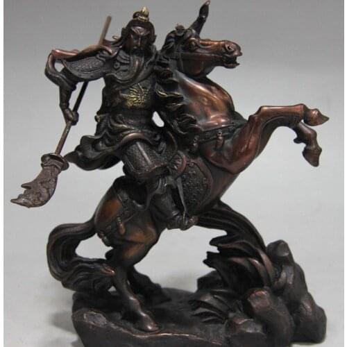 Free shipping China Folk Red Copper Bronze Ride Horse Guan Gong Dragon Guan Yu Warrior Statue