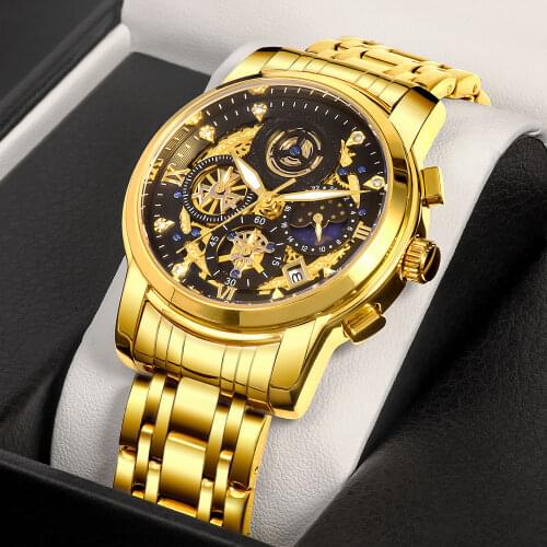 WWOOR 2021 New Top Brand Luxury Men Fashion Gold Black Watch Quartz Wristwatch Luminous Waterproof Chronograph Relogio Masculino
