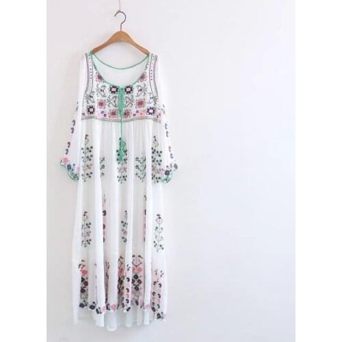 PERHAPS U White Embroidery O Neck Tassel Long Sleeve A Line Loose Maxi Long Dress Geometric Autumn D0654