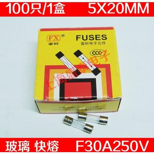 F30AL250V Glass Insurance Tube F30A250V F30A Fuse 5X20MM 100 PCS
