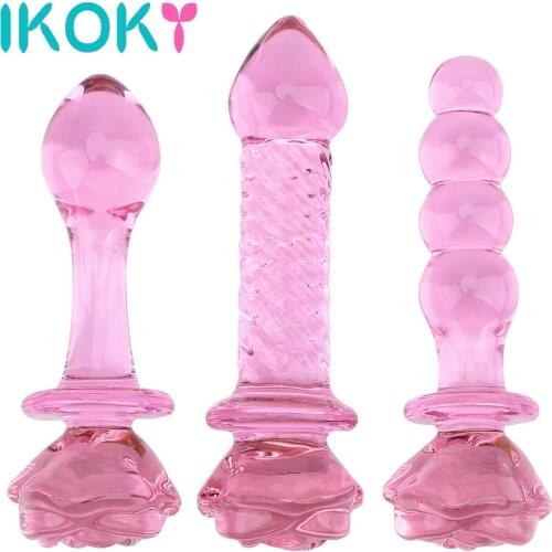 IKOKY Glass Dildo Anal Bead Butt Stimulation Sex Shop Pink Rose Flower Shape Anal Plug Prostate Massager Sex Toys for Women