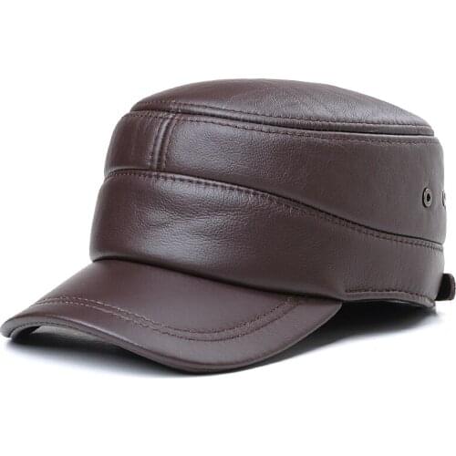 Cowhide Military Hat Flat Top Mens Middle Aged And Elderly Ear Protection Warm Outdoor Leather Caps