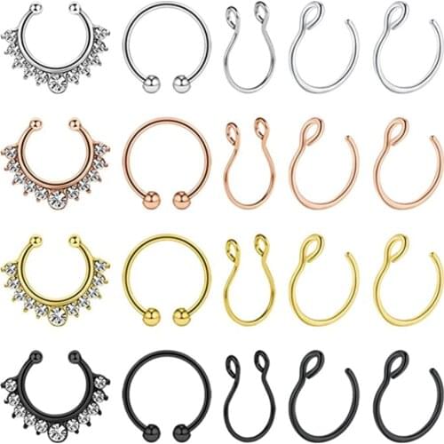 Stainless Steel Fake Nose Ring Hoop Septum Rings C Clip Lip Ring Earring for Women Fake Piercing Body Jewelry Non-Pierced