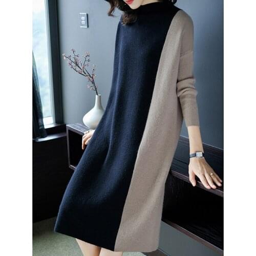 Autumn Fashion Knitted Sweater Dress Casual Women Long Pullover Winter Patchwork Sweater Warm Elastic Turtleneck Dress