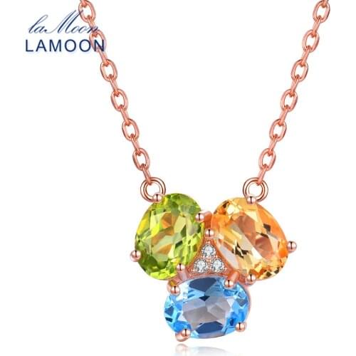 LAMOON Oval Yellow Citrine Green Peridot Blue Topaz 925 Sterling Silver Chain Pendant Necklace S925 NI051