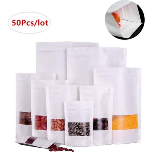 50pcs Kraft Paper Bags Zipper Lock Candy Tea Dried Fruit Gift Packaging Moisture-proof Open Window Pouch Coffee BeanPackaging
