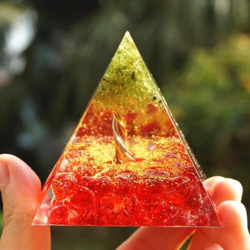 Handmade Orgonite Pyramid 60mm Tree of Life Peridot And Red Crystal Natural Stone Orgone Reiki Energy Healing Meditation Orgone