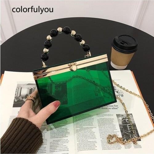 Transparent Acrylic Box Handbag for Women Party Clutch Bag Fashion Chain Shoulder Bag Beaded Handle Luxury Designer Totes