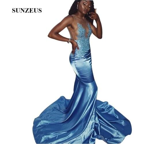 Sheer Neck Appliques Prom Gowns Mermaid Long Blue Party Gowns Satin abiti da cerimonia da sera