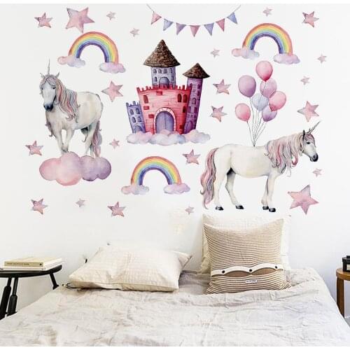 Rainbow Unicorn Wall Sticker Castle Unicorn Stickers for Childrens Room Living Room Bedroom Removable Wall Decoration