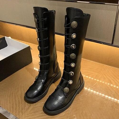 New Autumn Women Long Boots Female Short Flat Thick Bottom Platform PU Leather Fashion Shoes Ladies Zip Cross Tied Footwear