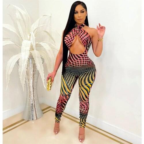 2021 New Arrival Fashion Design Jumpsuits Striped Hollow Out Halter Strapless Backless Summer Sexy Bodycon Rompers