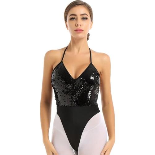 Womens Black Backless Bodysuit Sexy Club Summer Party Halter Neck Sleveeless Bodycon Shiny Sequins Leotard Bodysuit Tops