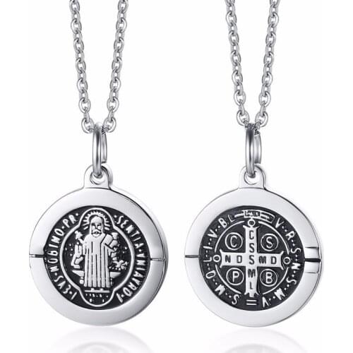 Saint Benedict Medal Pendant San Benito Necklace silver color Charm Stainless Steel Jewelry In 20inch 24inch Chain Link