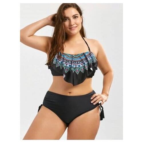 2020 new large European and American swimwear printed tassel womens split fat bikini swimwear free speed