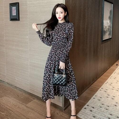 Women 2021 New Design Hot Sales Fashion Long Sleeve Stand Collar Retro Vintage Floral Printing Cute Inside Velour Velvet Dress