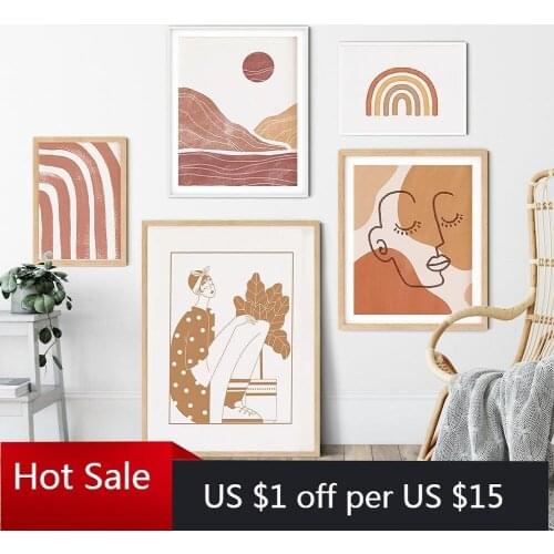 Boho Art Vintage line Woman Abstract Canvas Painting Landscape Modern Print Rainbow Wall Art Picture Poster Aesthetic Room Decor