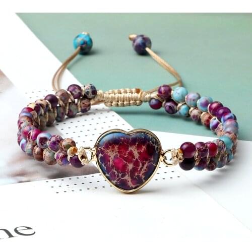 Narural Stone Handmade Bracelets 4MM Heart Shape Double Emperor Beads Bangle Adjustable Energy Healing Jewelry Gifts for Couple