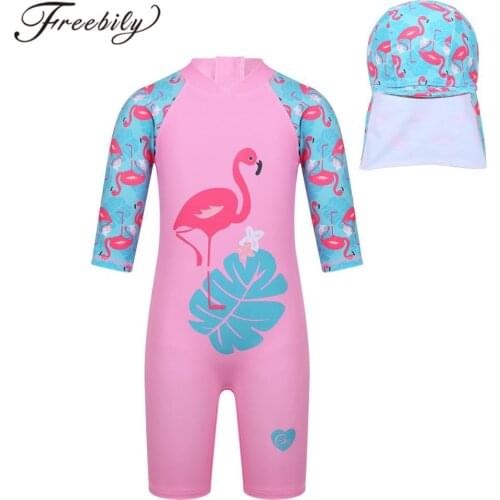 Kids Girls One-piece Swimwear Half / 3/4 Sleeves Zippered Fish Flamingo Pattern Printed Swimsuit Bathing Suit Rash Guard + Cap