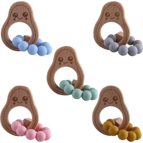 Baby Beech Wooden Avocado Bracelet Teether Infants BPA Free Silicone Beads Teething Soother Molar Toys Shower Gifts