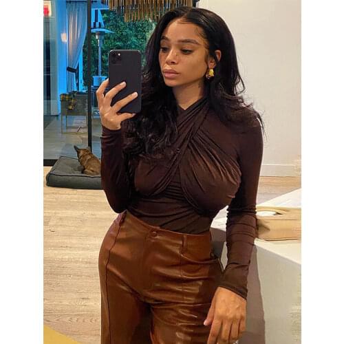 Gtpdpllt 2020 O Neck Cross Bodysuit Women Autumn Winter Black Body Top Long Sleeve Party Sexy Brown Romper