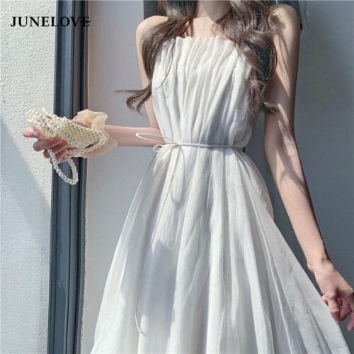 JuneLove 2021 Summer Sleeveless Elegant Strap Dress Women Bandage Design Solid Dress Casual Holiday Lady Korean Party Female
