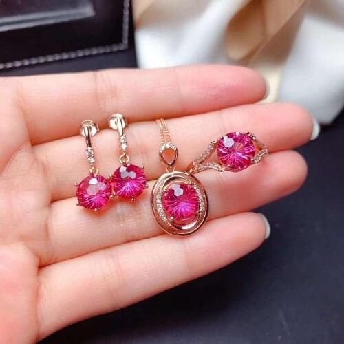 Pink Topaz Earrings Ring Pendant Necklace Set S925 Pure Silver Fine Fashion Luxurious Jewelry for Women Free Shipping
