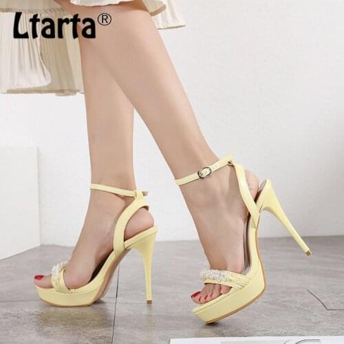 LTARTA Womens Shoes Summer Fashion High Heels Women Waterproof Platform One Word Buckle String Pearl Open Toe Sandals CWF