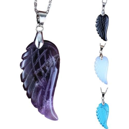 Fashion Women Carved Angel Wing Stone Pendant Green Aventurine Opal Red Agate Pendant DIY Jewelry Accessory