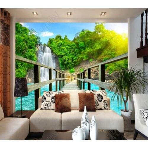 Papel de parede Waterfall and wooden bridge 3D scenery 3d wallpaper mural,iving room tv wall bedroom wall papers home decor